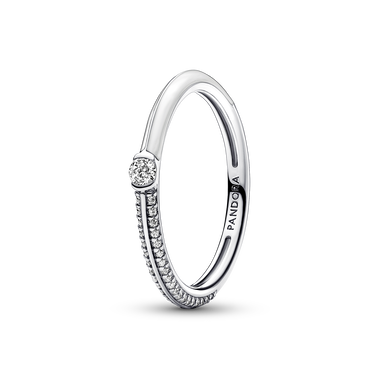 Dwustronny pierścionek Pandora ME wysadzany kamieniami i pokryty białą emalią