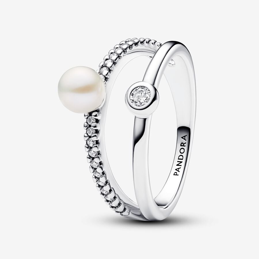 Podwójny pierścionek pavé z poddaną obróbce słodkowodną perłą hodowaną image number 0