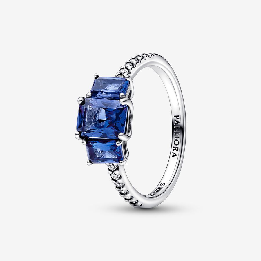 Lśniący niebieski prostokątny pierścionek z trzema kamieniami image number 0