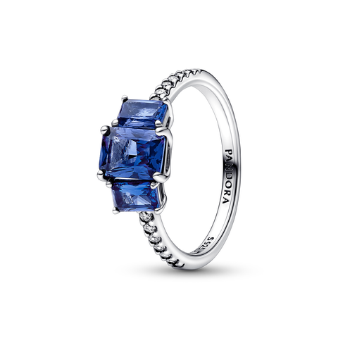 Lśniący niebieski prostokątny pierścionek z trzema kamieniami