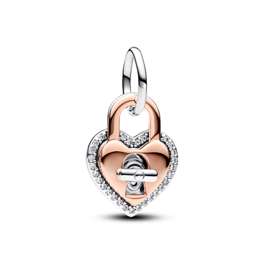 Podwójny dwukolorowy charms-zawieszka w kształcie serca z kłódką i przekręcanym kluczykiem.