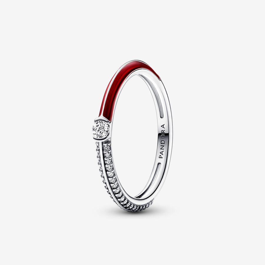 Dwustronny pierścionek Pandora ME wysadzany kamieniami i pokryty czerwoną emalią image number 0