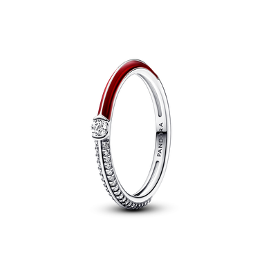 Dwustronny pierścionek Pandora ME wysadzany kamieniami i pokryty czerwoną emalią