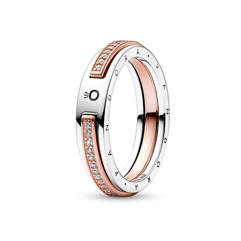 Dwutonowy pierścionek pavé z logo Pandora Signature